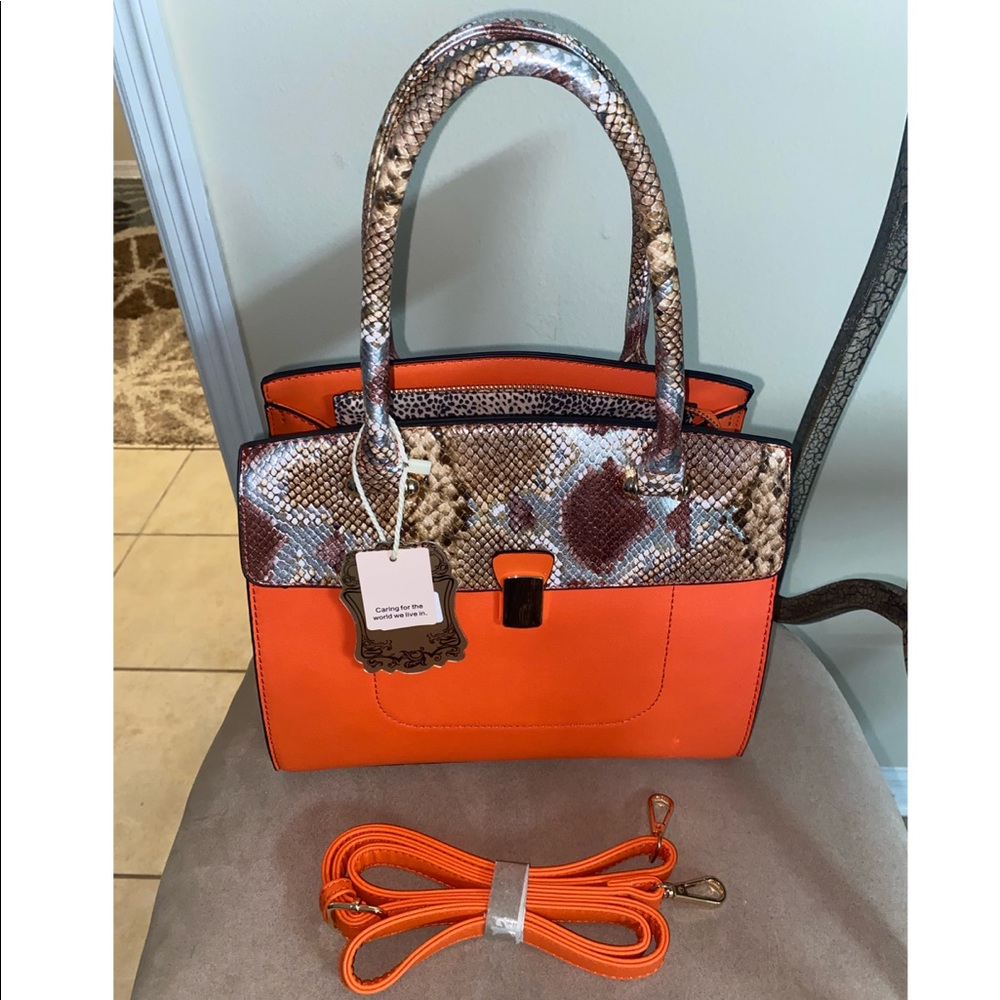 Orange snakeskin satchel handbag